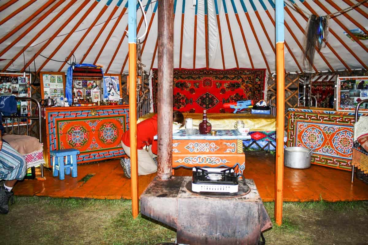 Inside a Mongolian Ger with two sacred central poles that hold it up