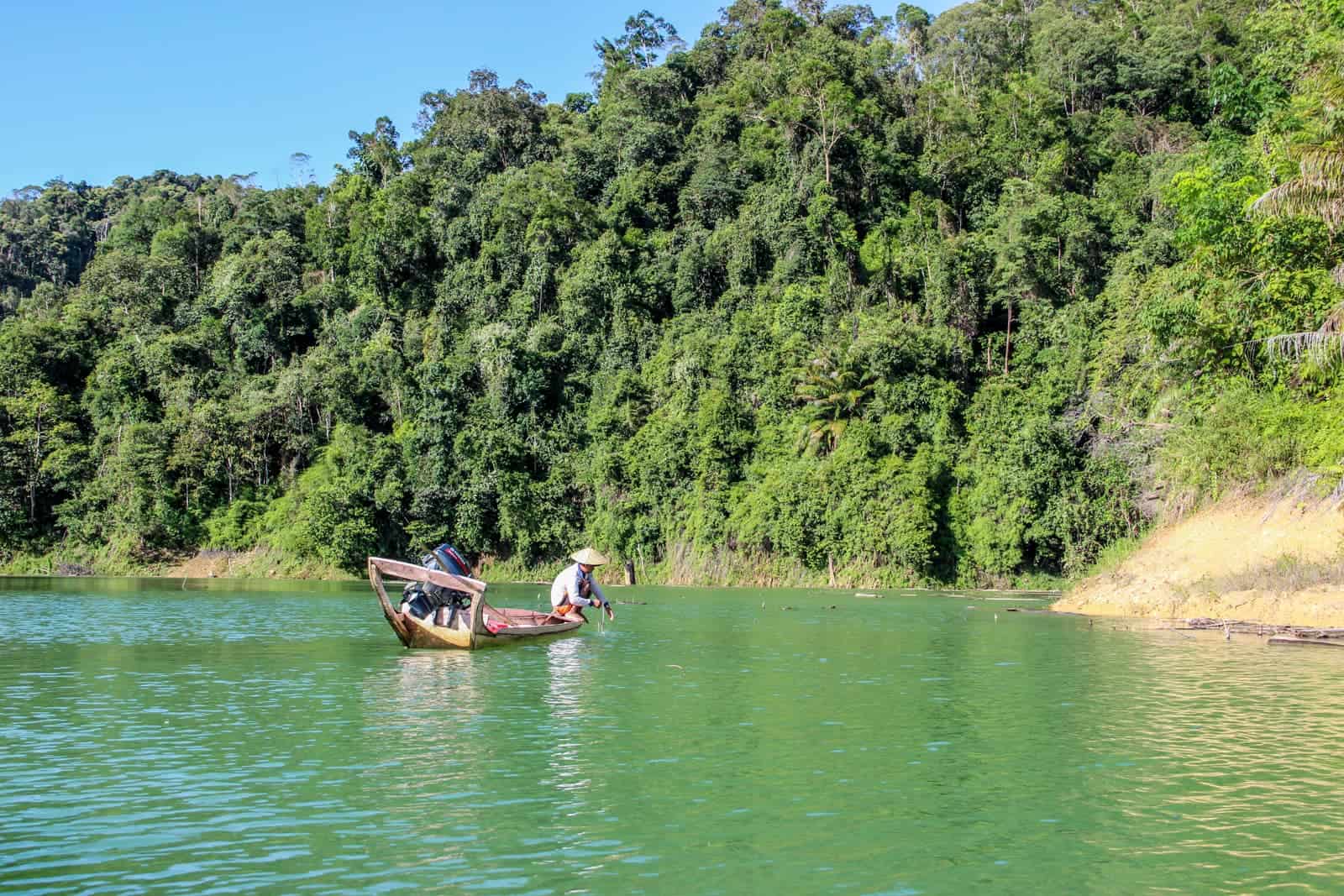 Fisherman on a Borneo river and jungle