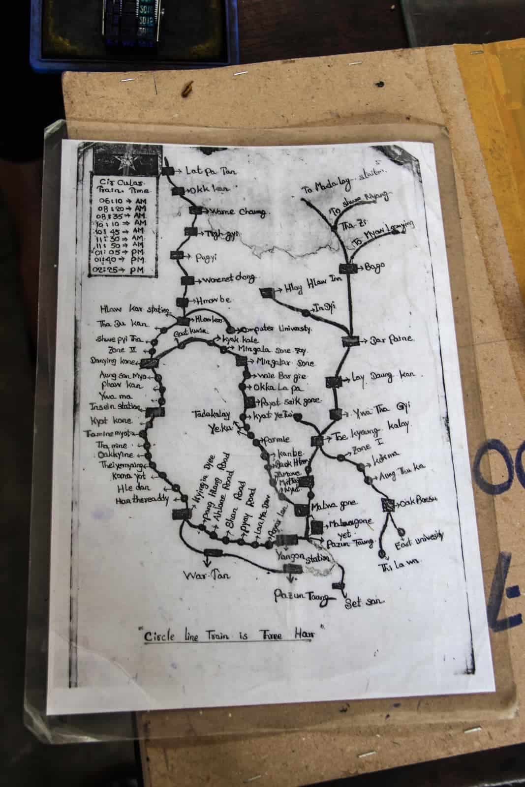 Map of Stops on the Yangon Circular Train in Myanmar