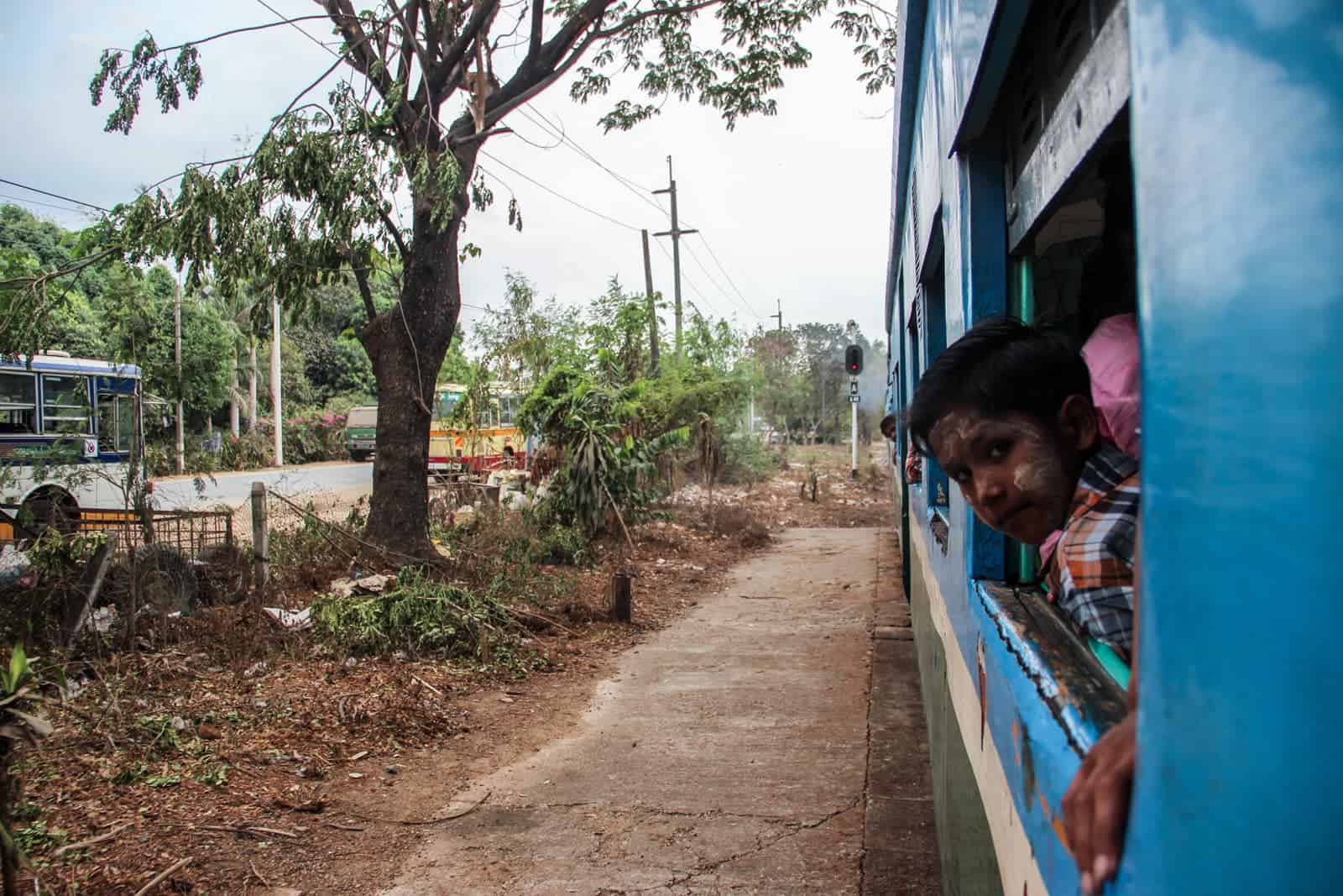 Window view on Yangon Circular Train in Myanmar