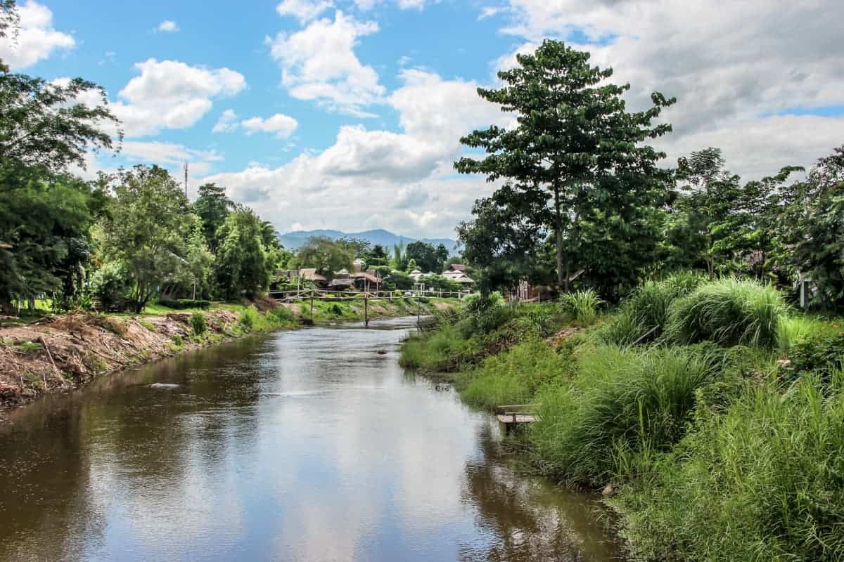 The lush green forest area either side of the river in the Pai countryside in northern Thailand