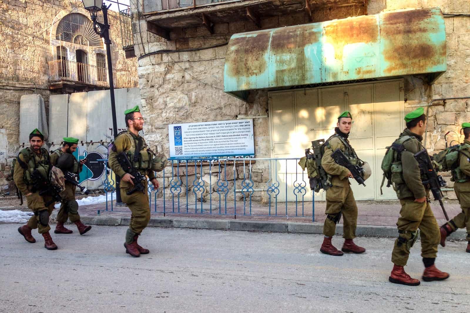 Israeli soldiers on the streets of Hebron in the West Bank where tourists can visit