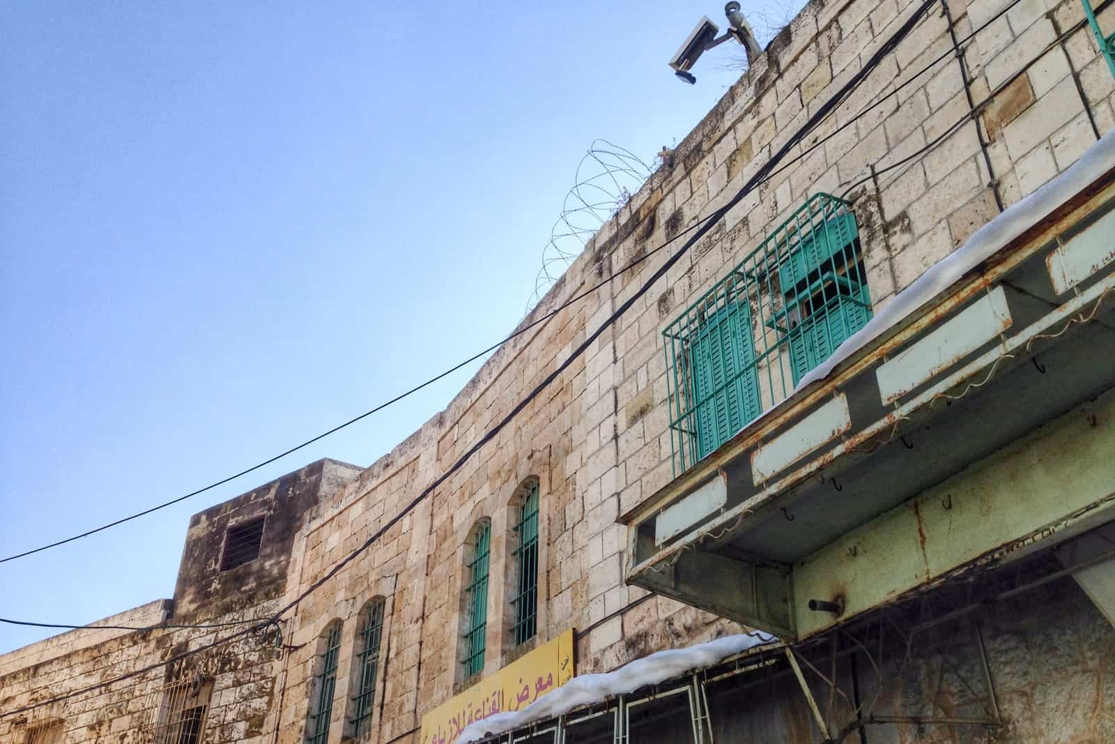 Security cameras of Jewish settlers overlooking Arab land in Hebron in the West Bank