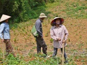 A Vietnamese woman in a pink shirt and beige triangular hats laughs to someone off camera while holding a farming hoe. Nest to her is a man carrying a green bag and another woman in a blue shirt, resting on a hoe.