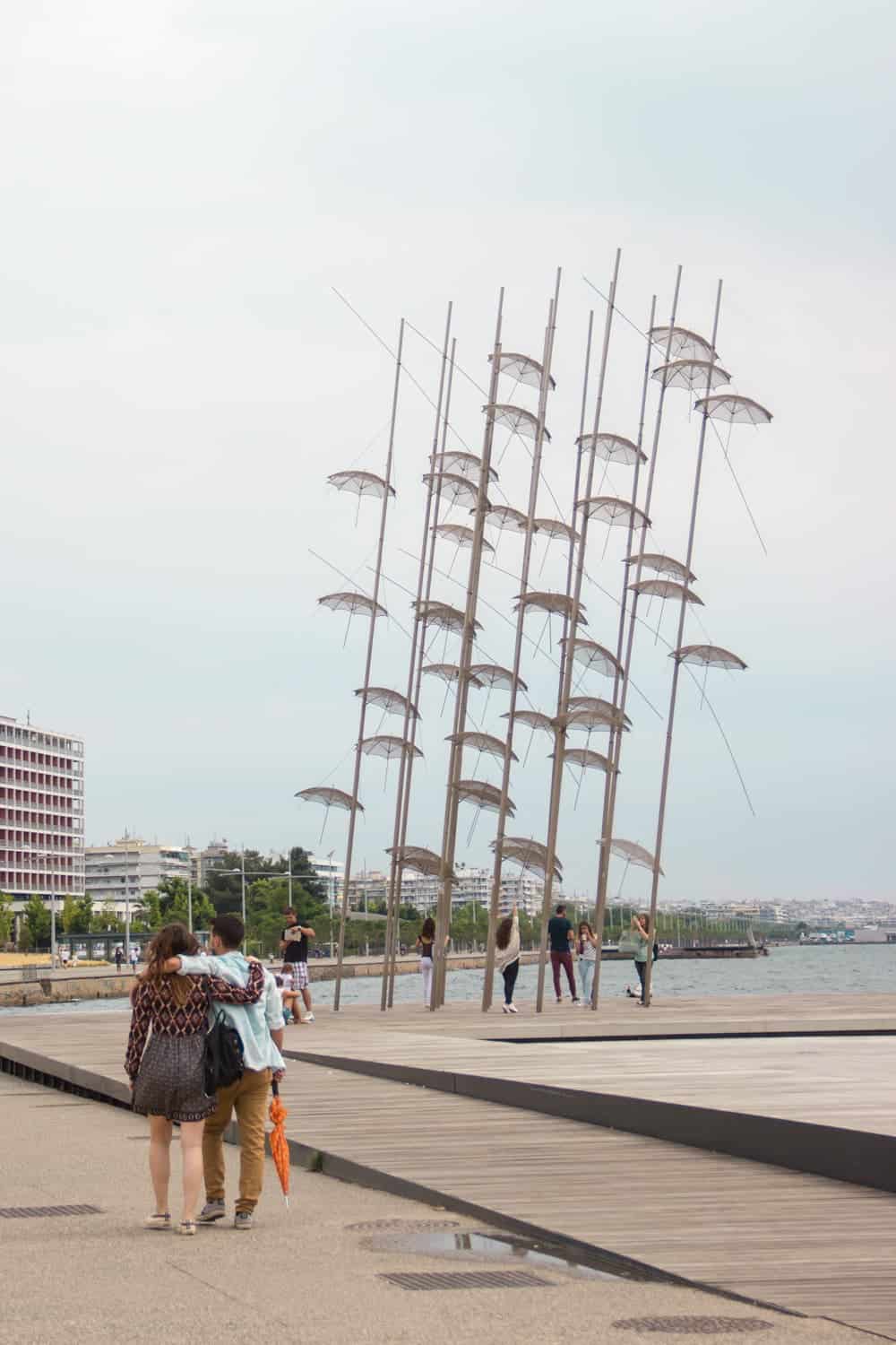 Umbrella artwork, Ottoman buildings, Thessaloniki, Northern Greece