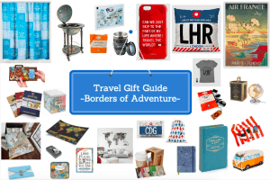A selection of travel related decor and gear promoting a travel gift guide.