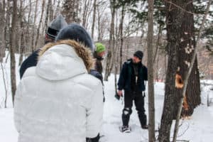 A man dressed in dark clothing and wearing snowshoes leads a tour in a in a snow covered forest in Canada.