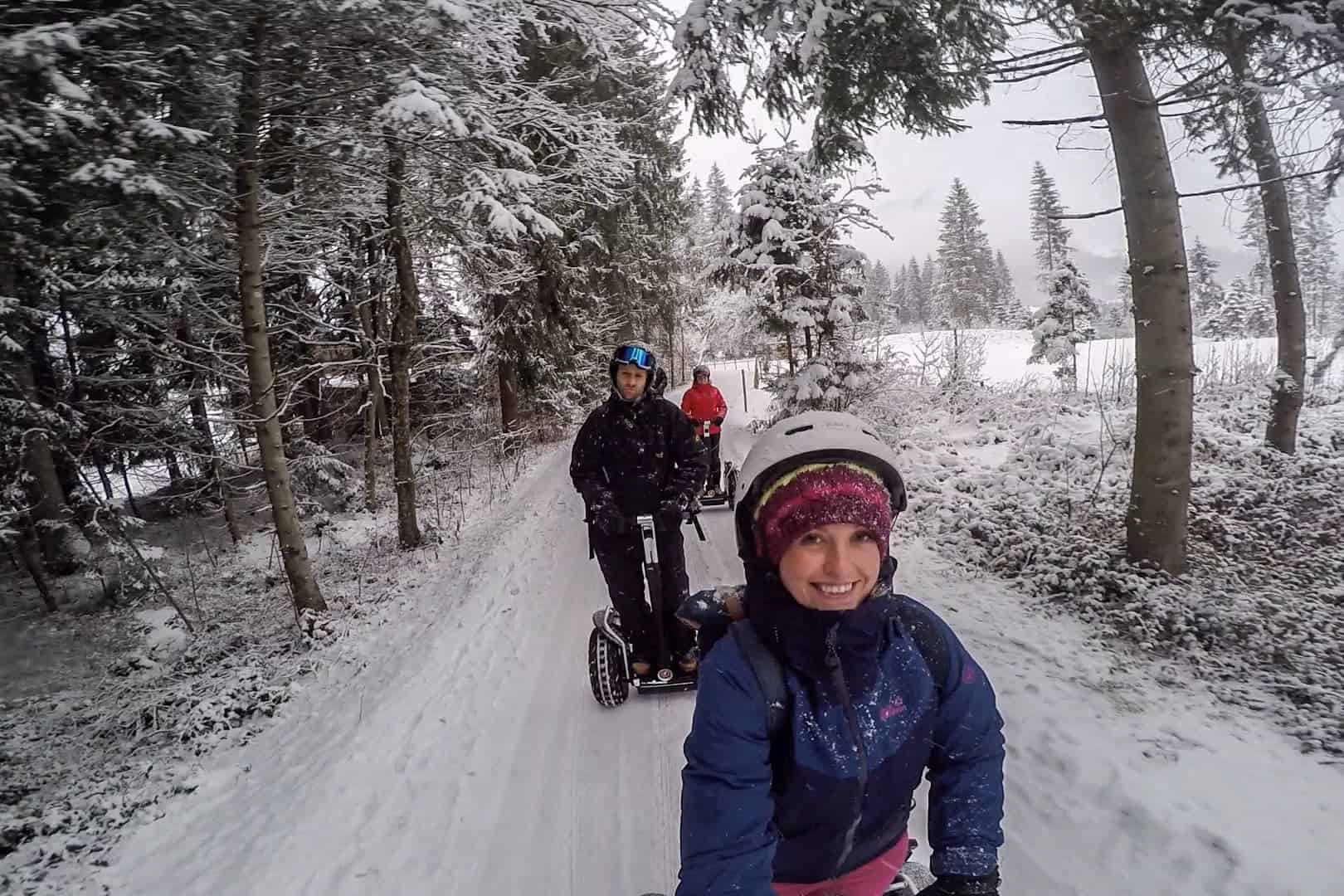 A group segways in the snow during the Winter season in Austria