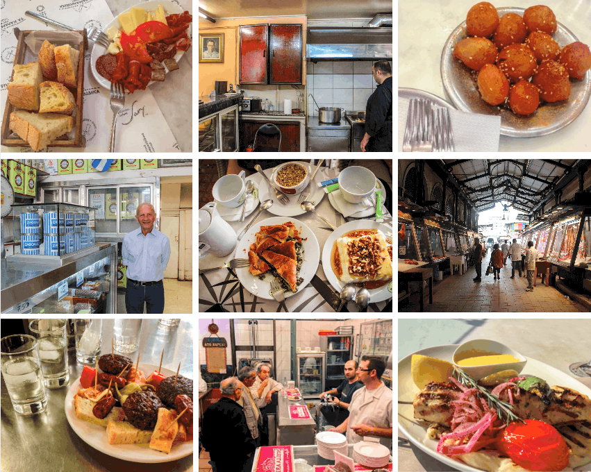 Nine images displaying traditional Greek eats and local people at markets and shops, as seen on a food walking tour in Athens.