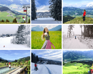 Nine images showing the alpine region of Tirol in Austria in both Summer, with green pastures and deep snow in winter.