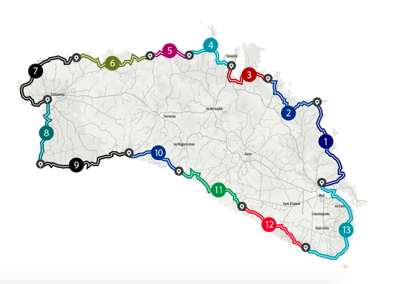 A map of an island showing the 10 sections of the Cami de Cavalls in Menorca, Spain.