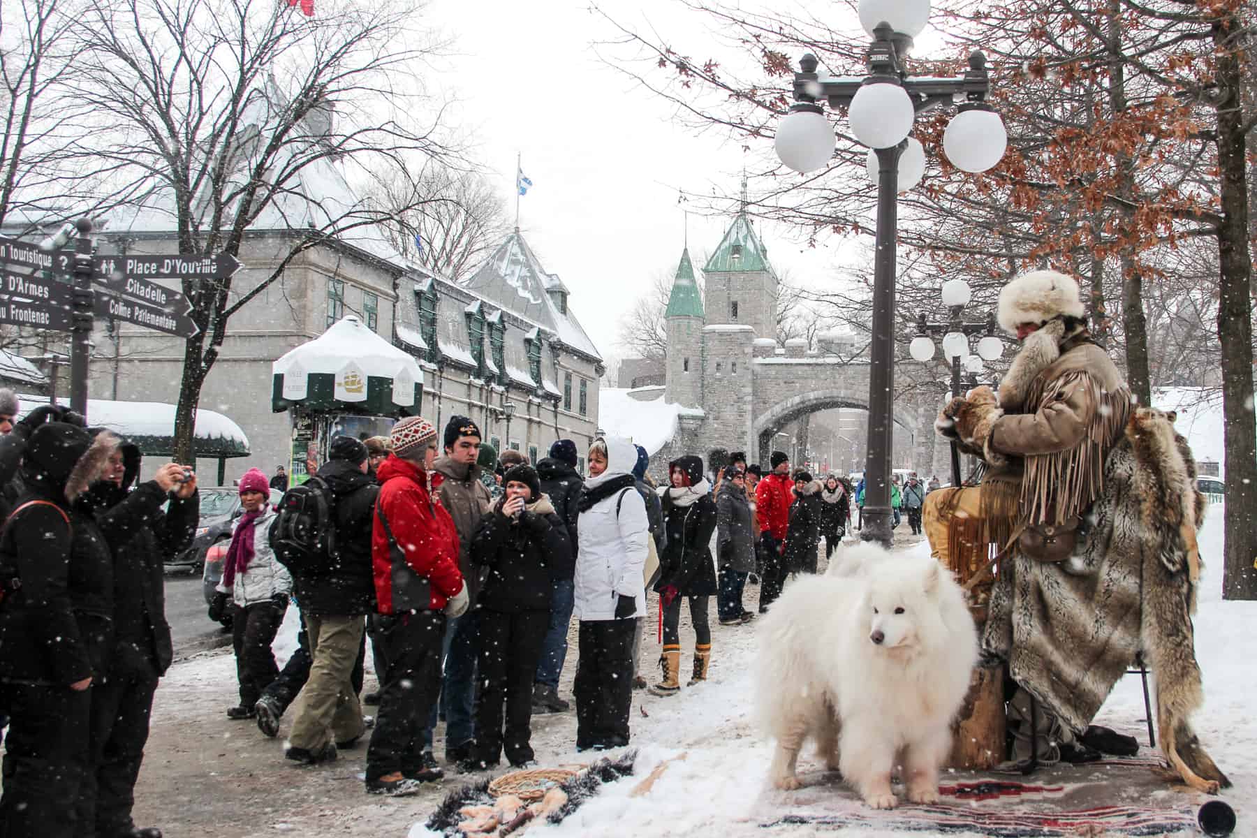 A man in a fur jacket sits on a chair next to a white dog on a long street in Quebec city in winter, as people observe.