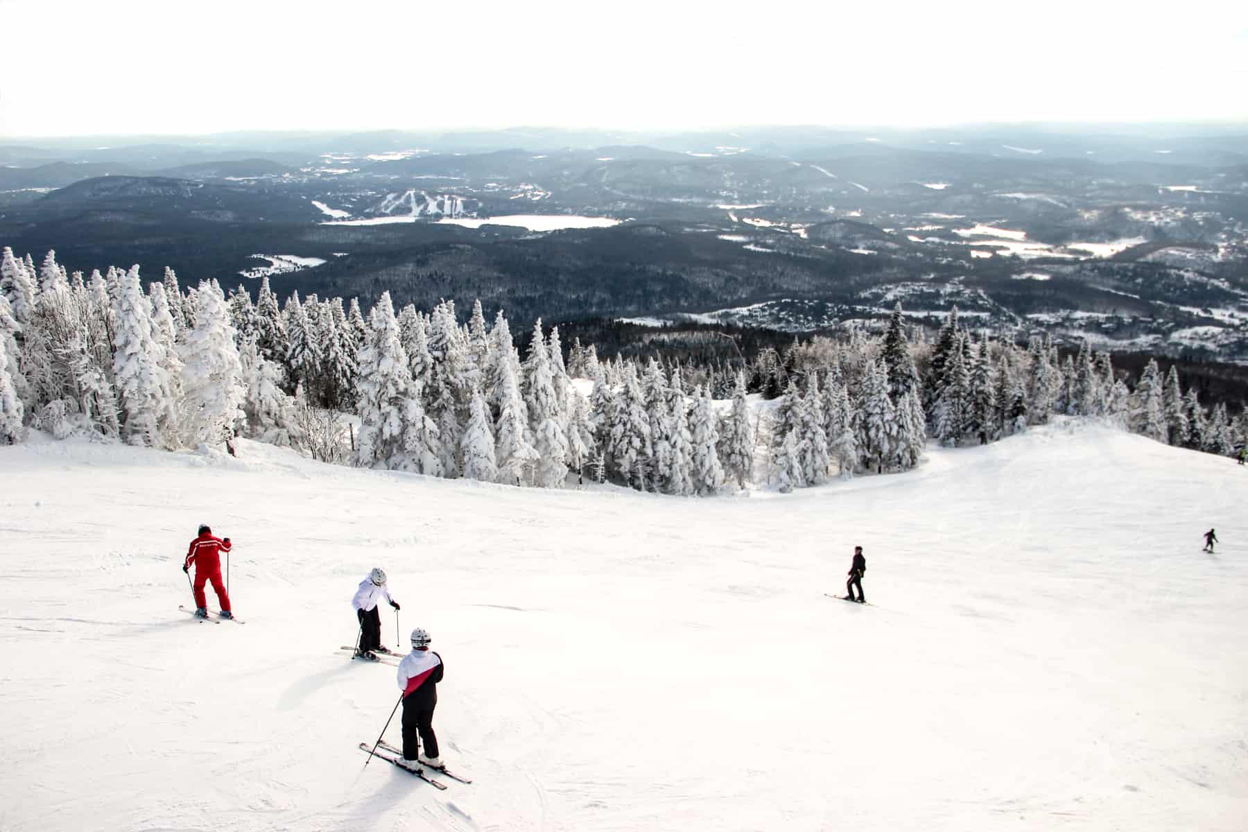 Five skiers on a tree-lined slope at the Mont Tremblant ski resort in Canada in winter.