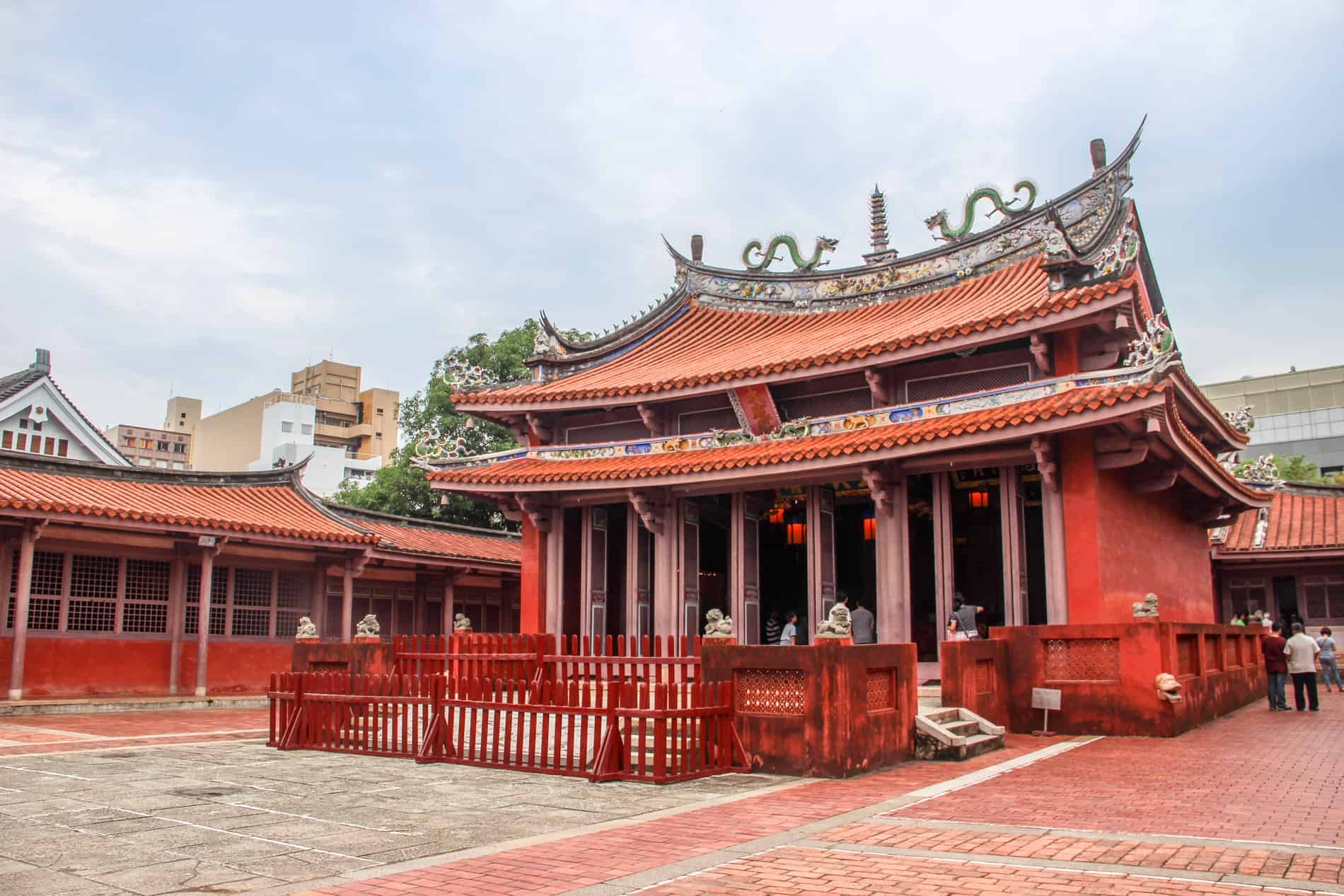 The red-orange two-tiered Tainan Confucius Temple - one of the most important temples in Taiwan. 