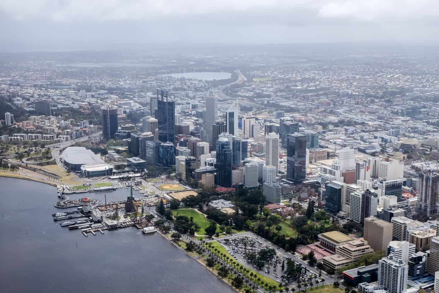Elevated view over Perth city on the business district side seen from a helicopter ride