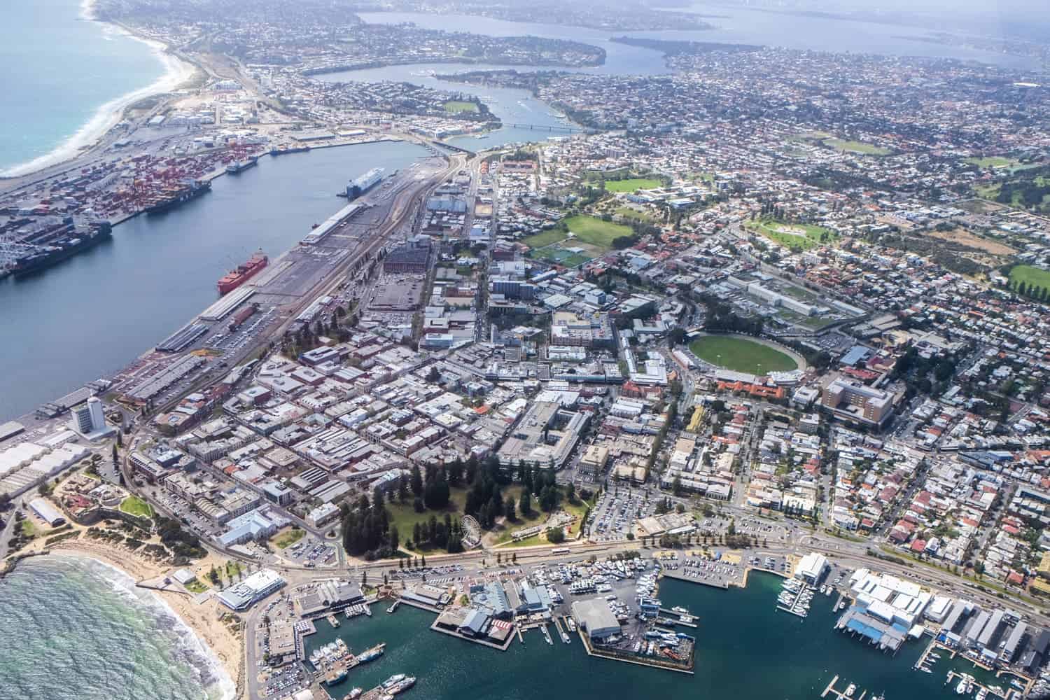 Elevated view of Perth on the Fremantle neighbourhood side, as seen from a helicopter