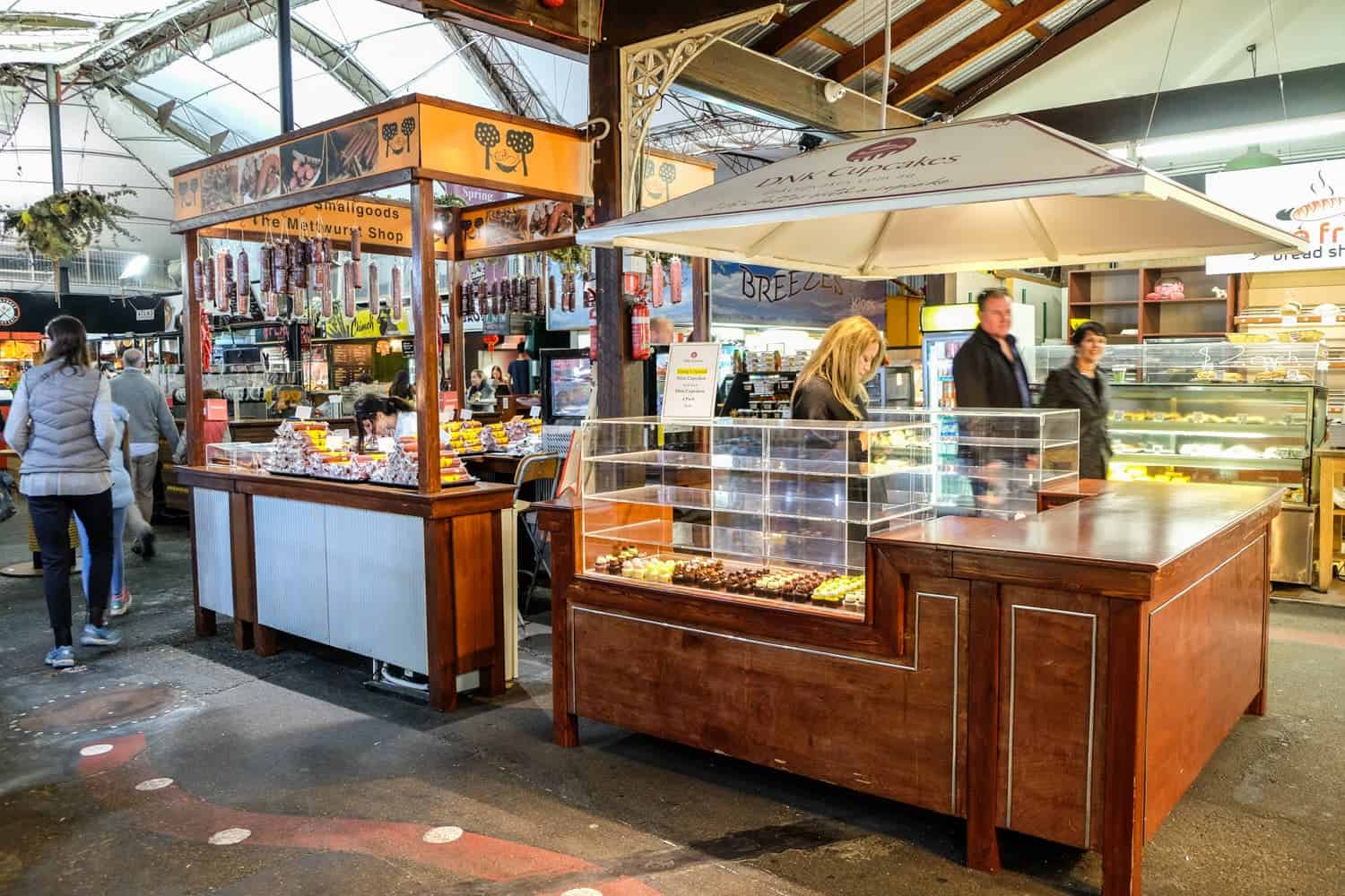 Two of the many small square stalls inside Fremantle Market in Perth