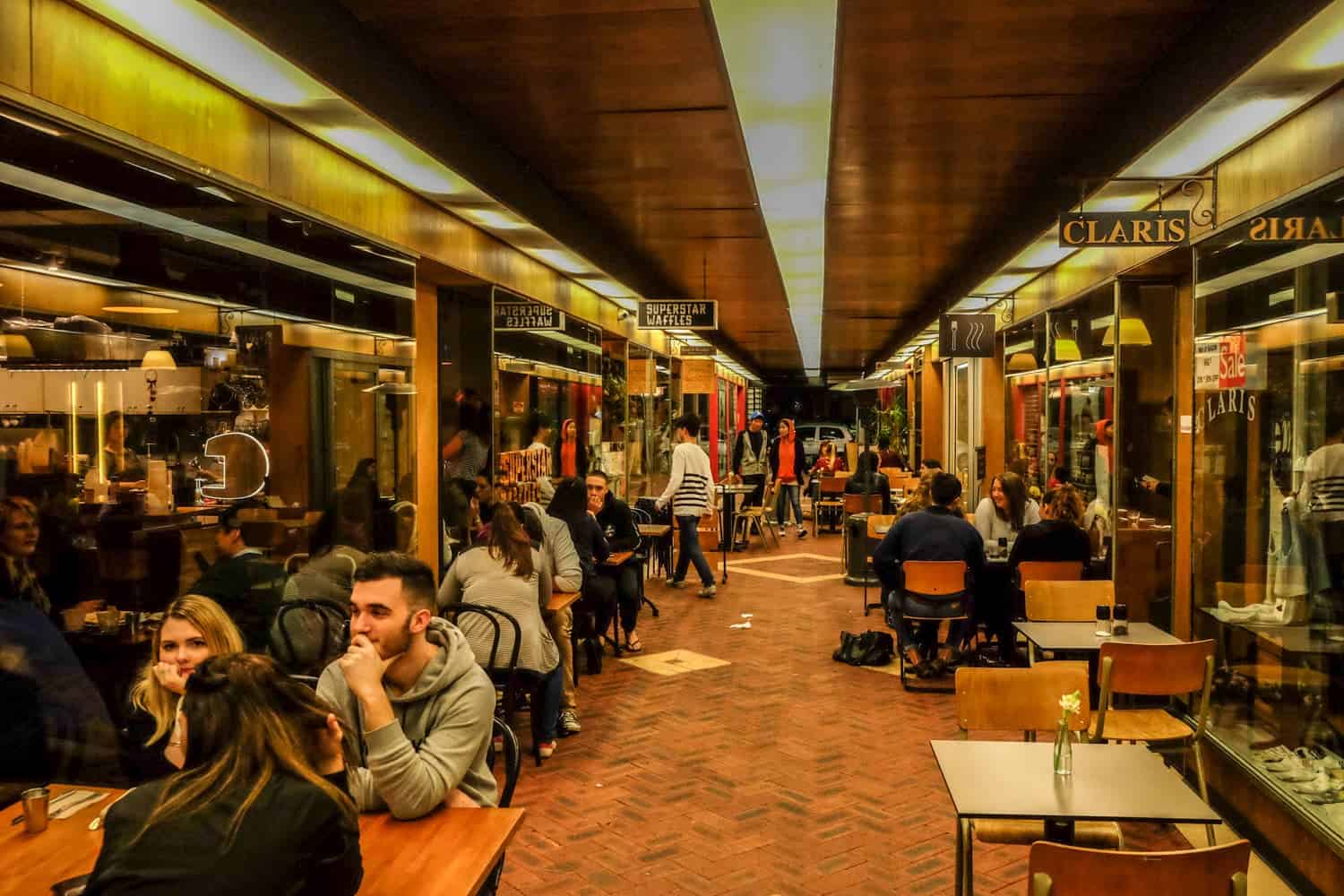 Multiple restaurants fill the space in an old shopping arcade in Perth, Australia