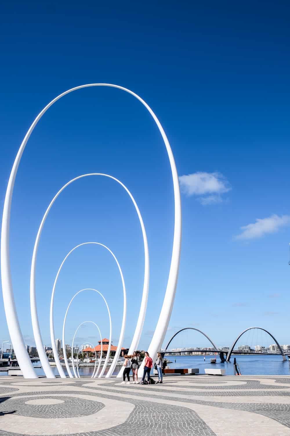 The white loop architectural design that dominates the Elizabeth Quay waterfront development project in Perth, Australia