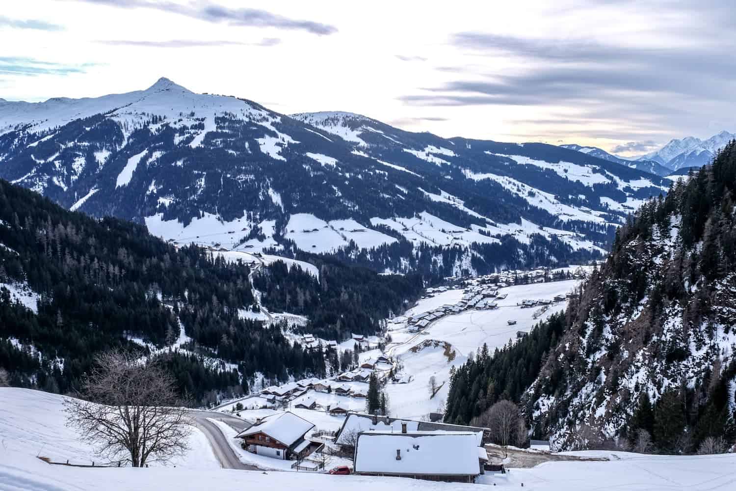 Looking down into Alpbachal valley from the alpine hills in Austria