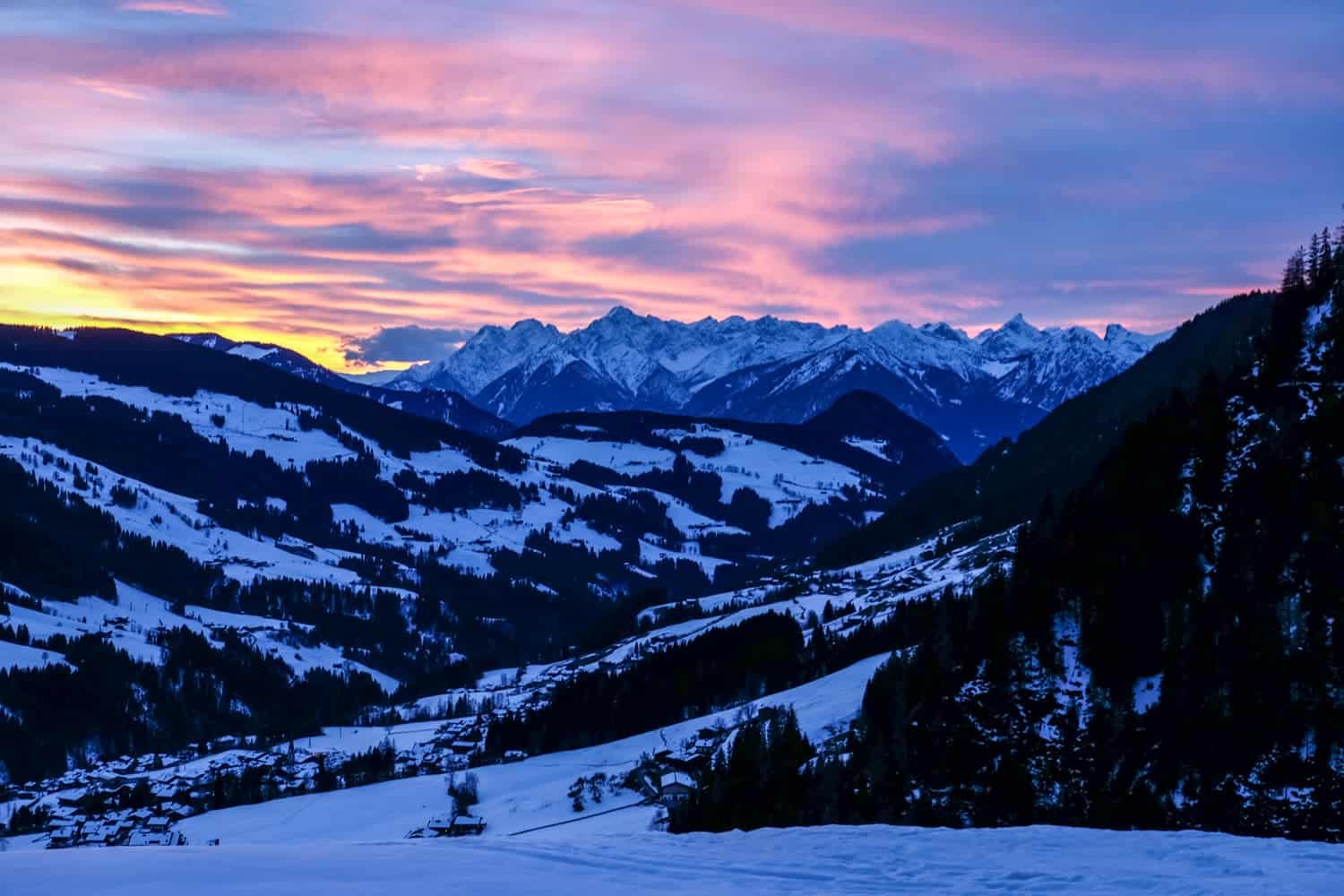 Sunset over Alpbachtal valley in Austria