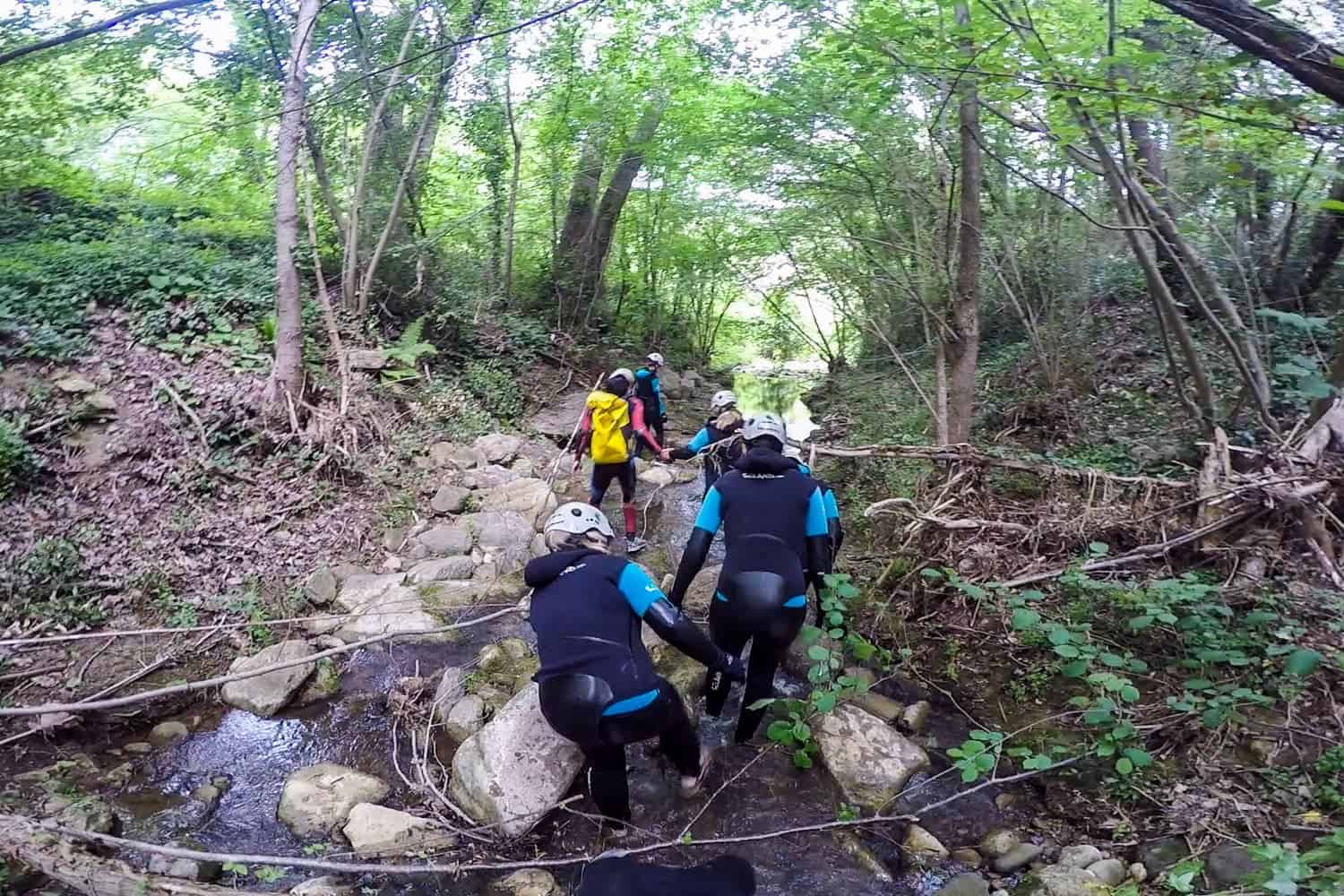 Water trekking in Canet Creek in Girones near Girona, Spain