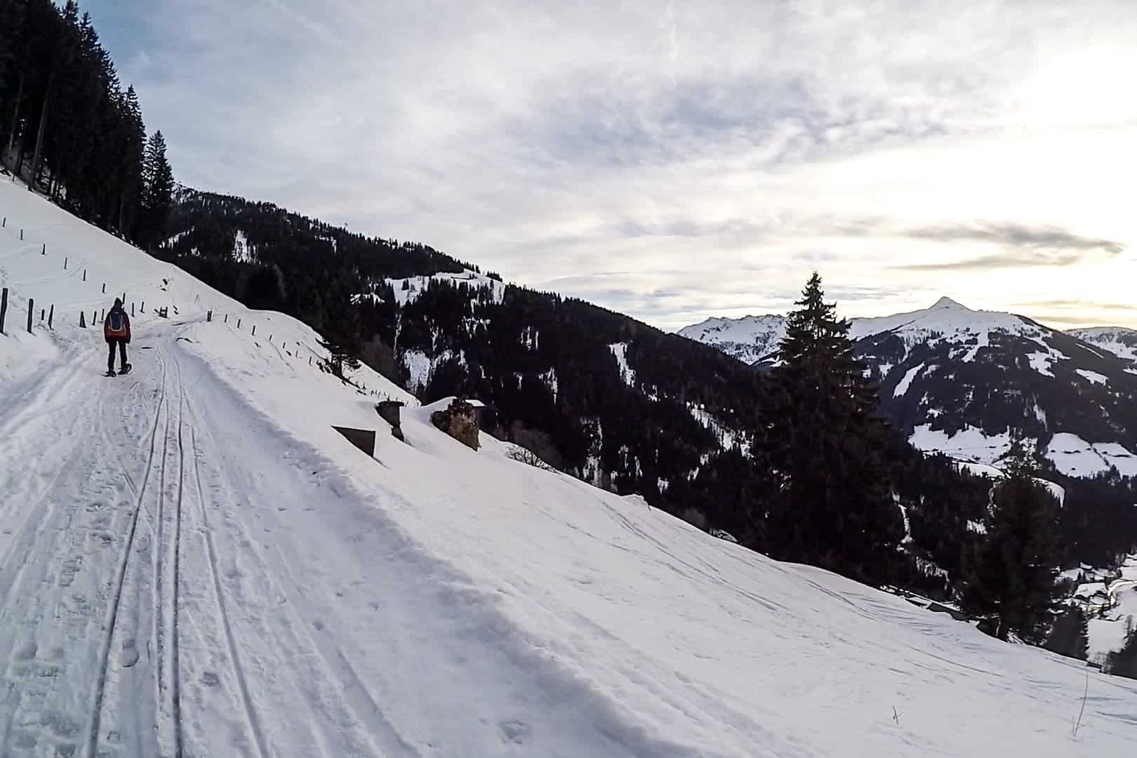 Snowshoeing tracks in Alpach, Alpbachtal valley in Austria