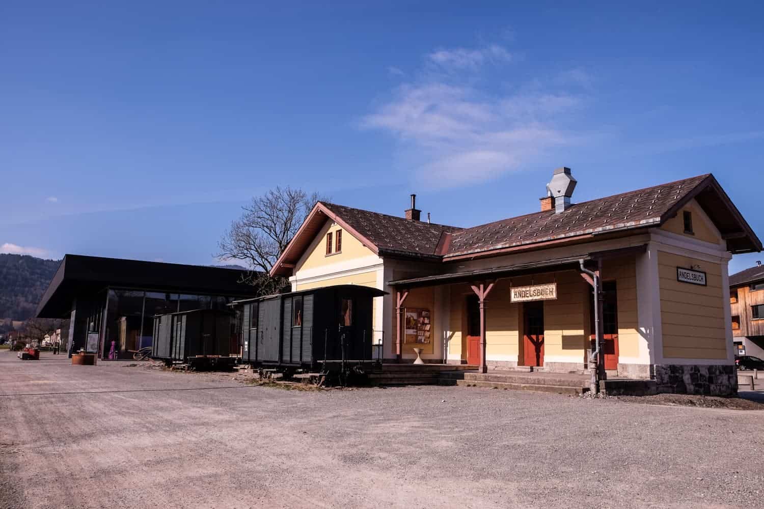 Old village train station, now venue space in Andelsbuch, Vorarlberg, Austria