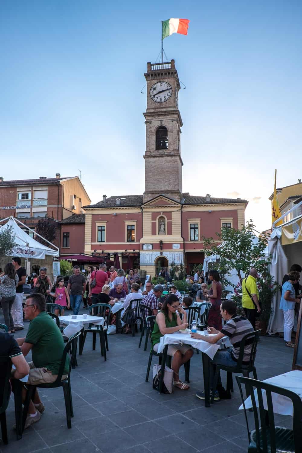 Outdoor tables at the Festa Artusiana in Forlimpopoli, Italy