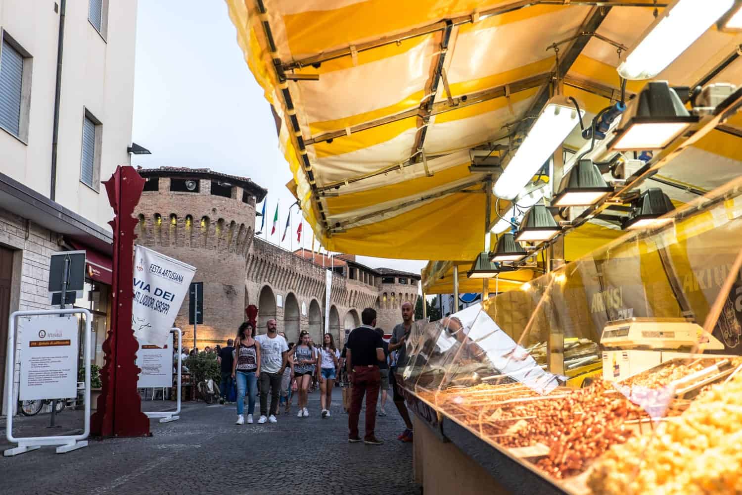 Food on every street corner during Al fresco food stalls during the Artusi Festival / Festa Artusiana in Forlimpopoli, Italy