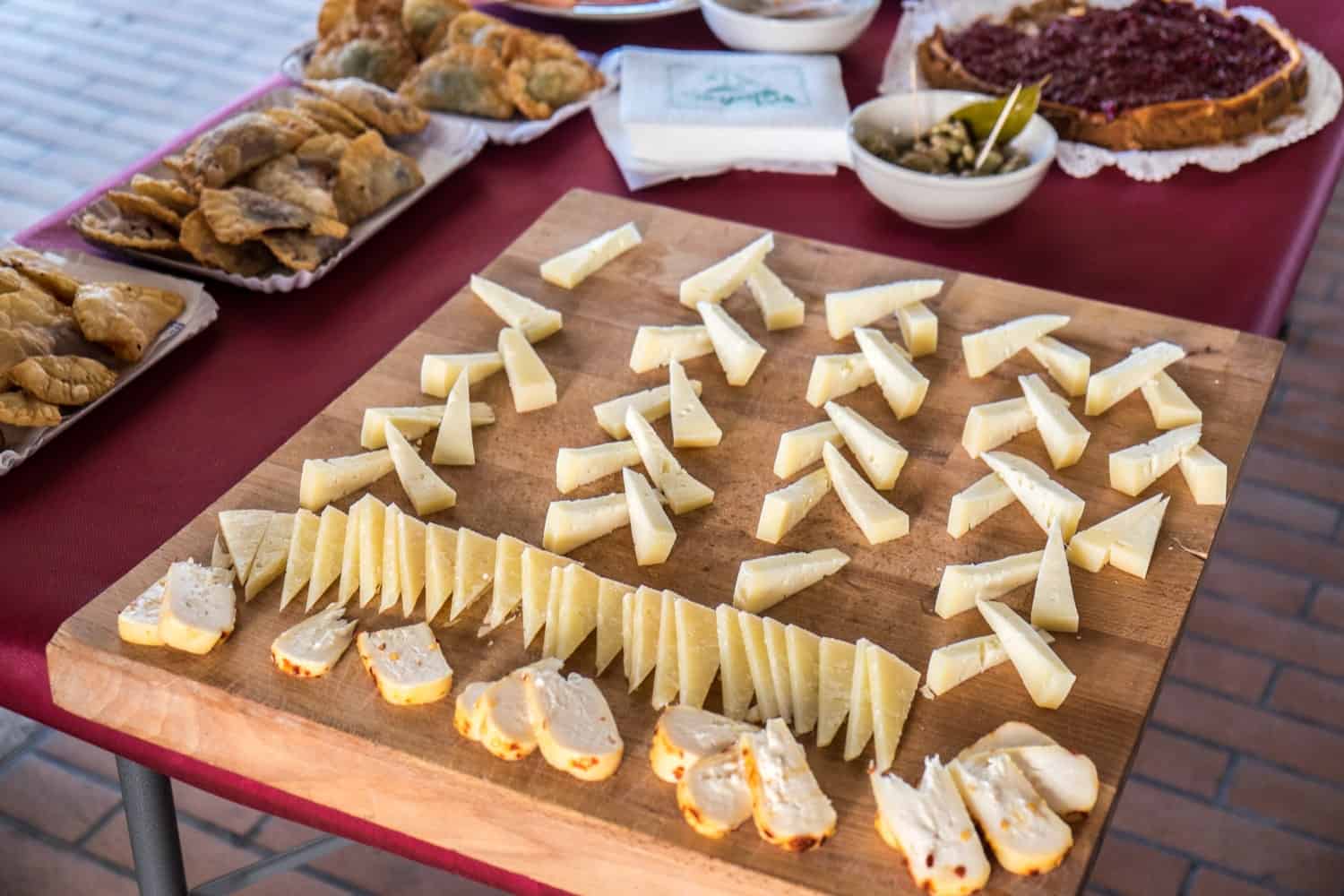 Cheese samples at the Saturday food market in San Marino