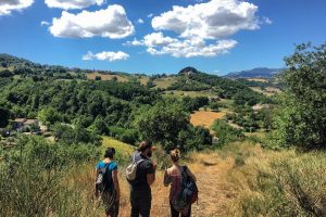 Three people walking on a yellow grass path on a sunny day towards a hilly, green forest area, in a valley in San Marino.