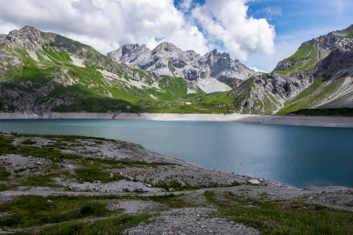 Lake Lunersee in Vorarlberg, Austria at the top of a mountain range