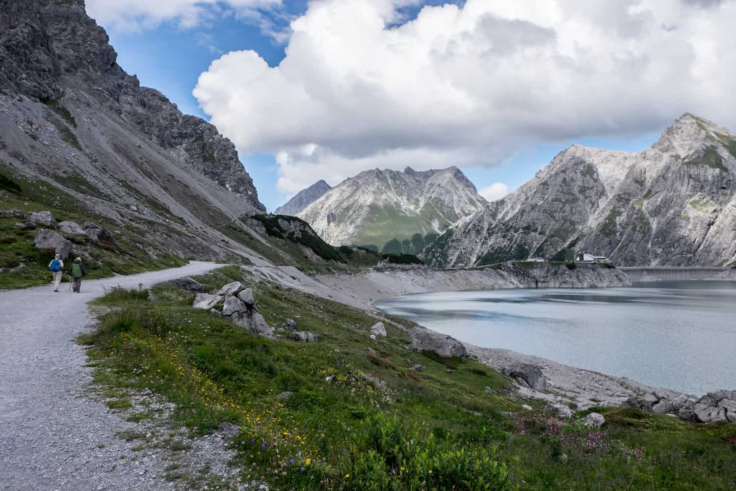 The hike around Lake Lunersee in the mountains in Vorarlberg, Austria