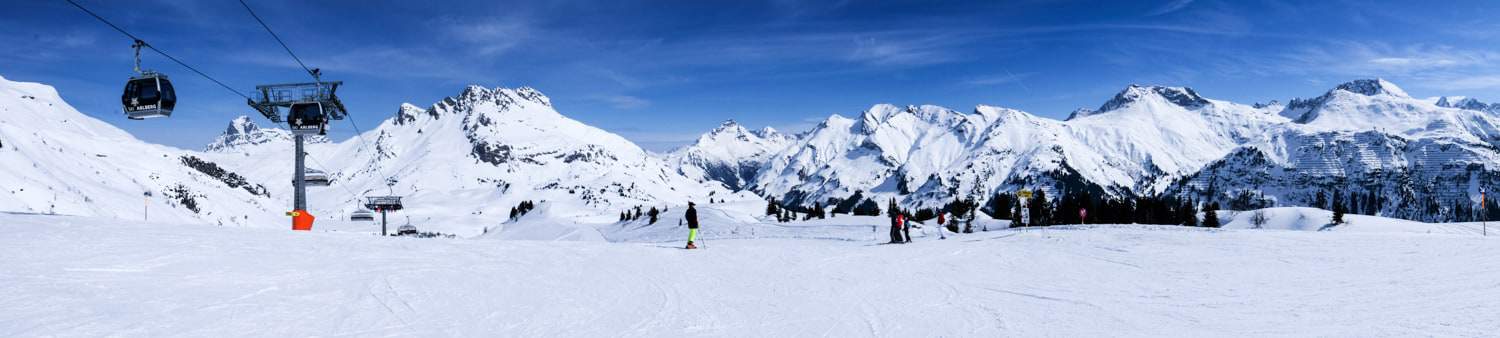 Thick white snow ski slopes in the alpine Lech Zürs am Alberg in Austria.