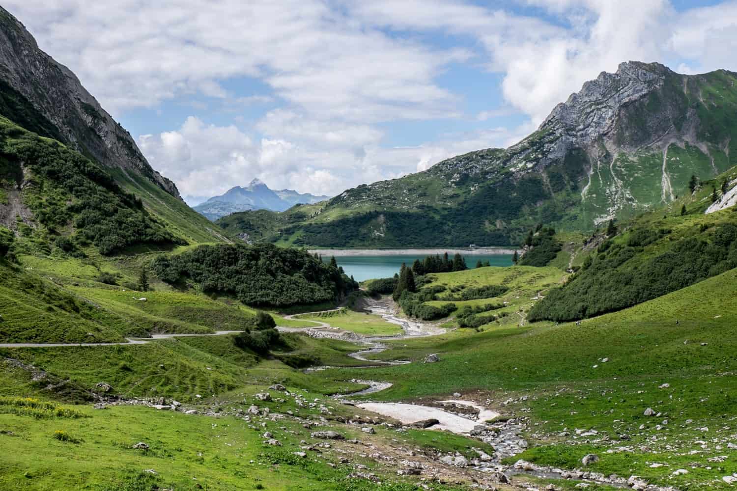 The the turquoise blue of Spullersee Lake in Lech, Vorarlberg, Austria