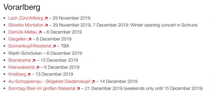 A list of ski season opening dates for ski slopes in Vorarlberg, Austria