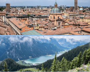 An elevated view of the golden architecture of Bologna, Italy (top) and an elevated view of Achensee lake, Austria (below).