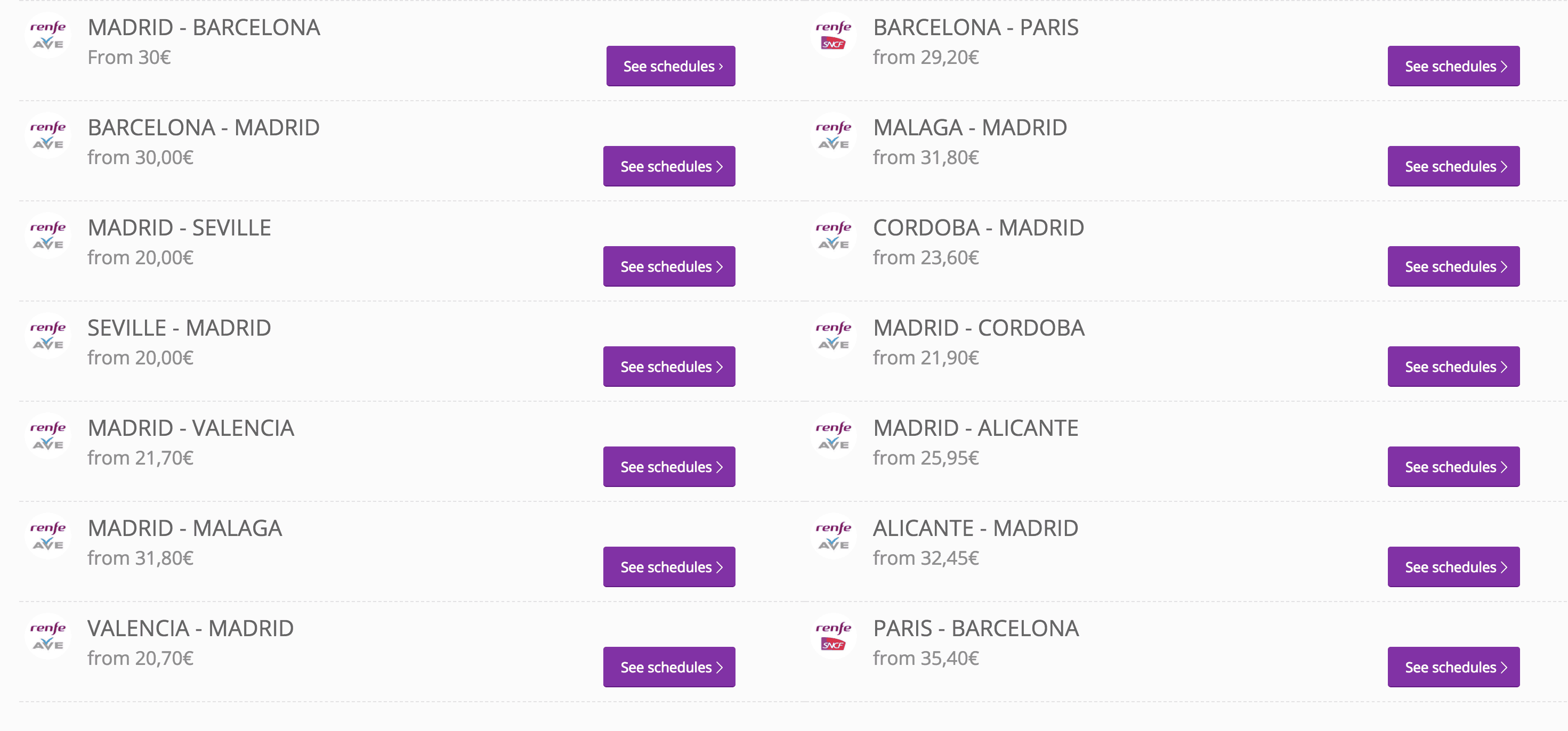 A list of train routes and prices in Spain for the Renfe AVE service.