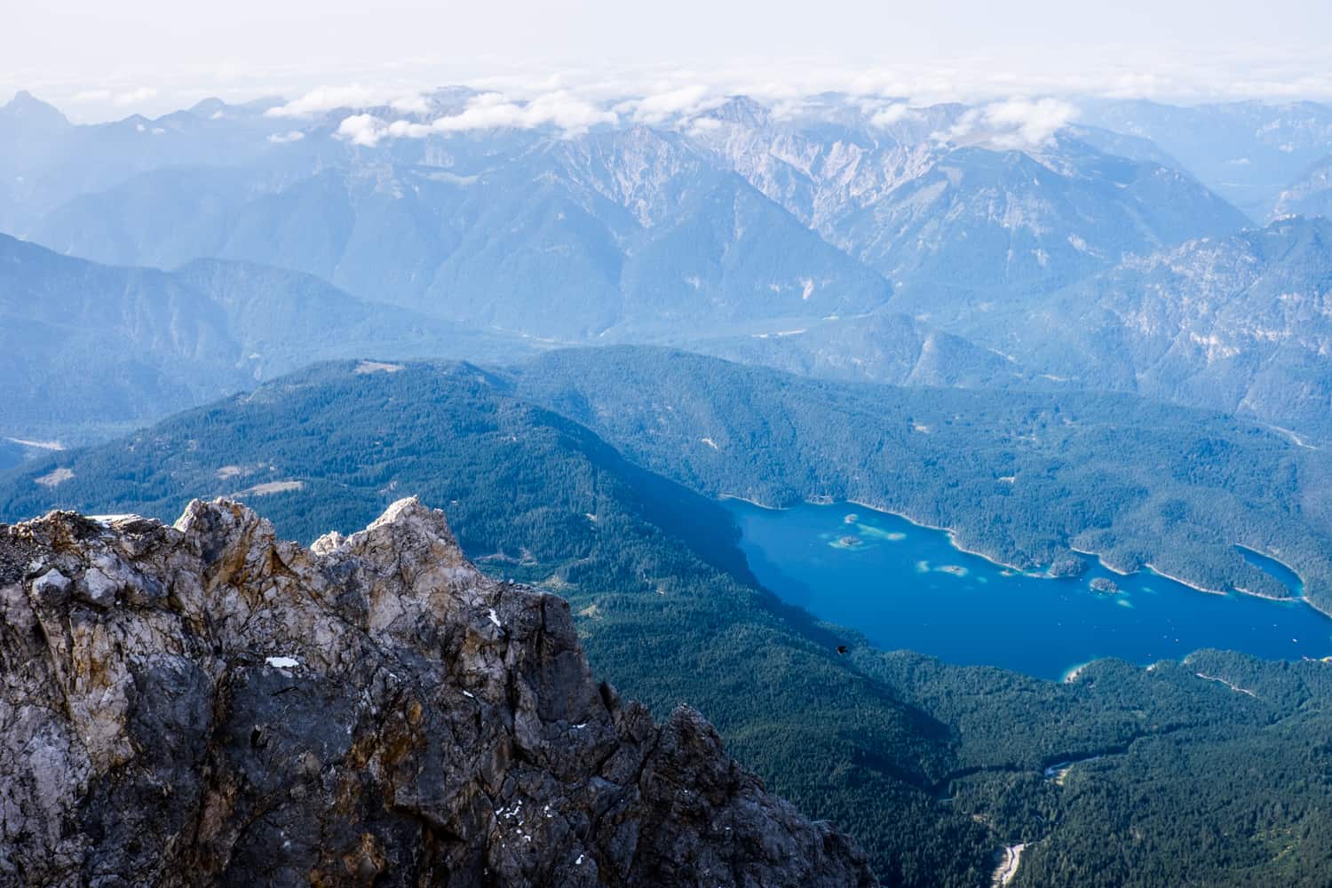 Looking down onto the woodland border of Austria and Germany from Zugspitze Mountain