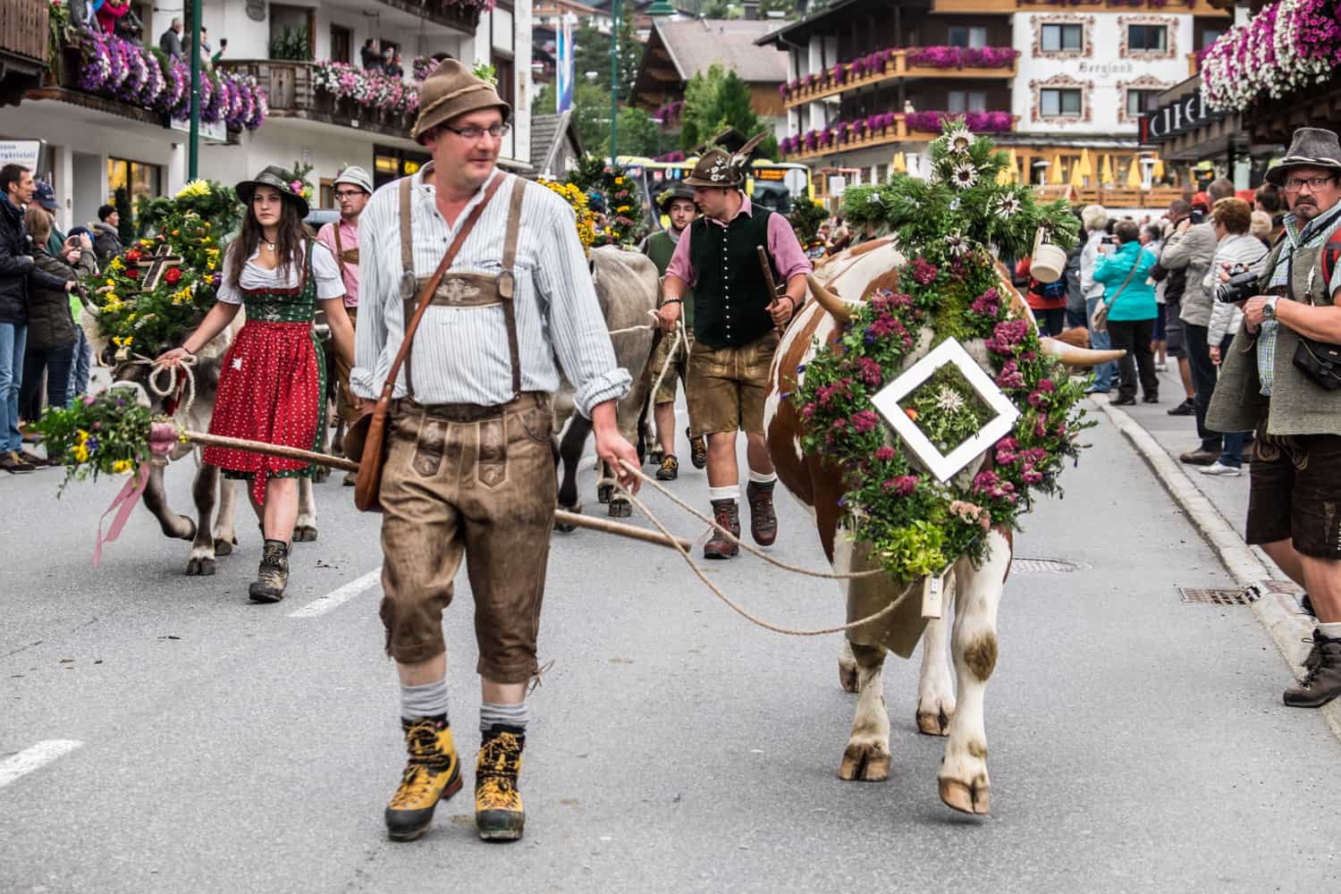 Almabtrieb parade in Lermoos village in Zugspitz Arena