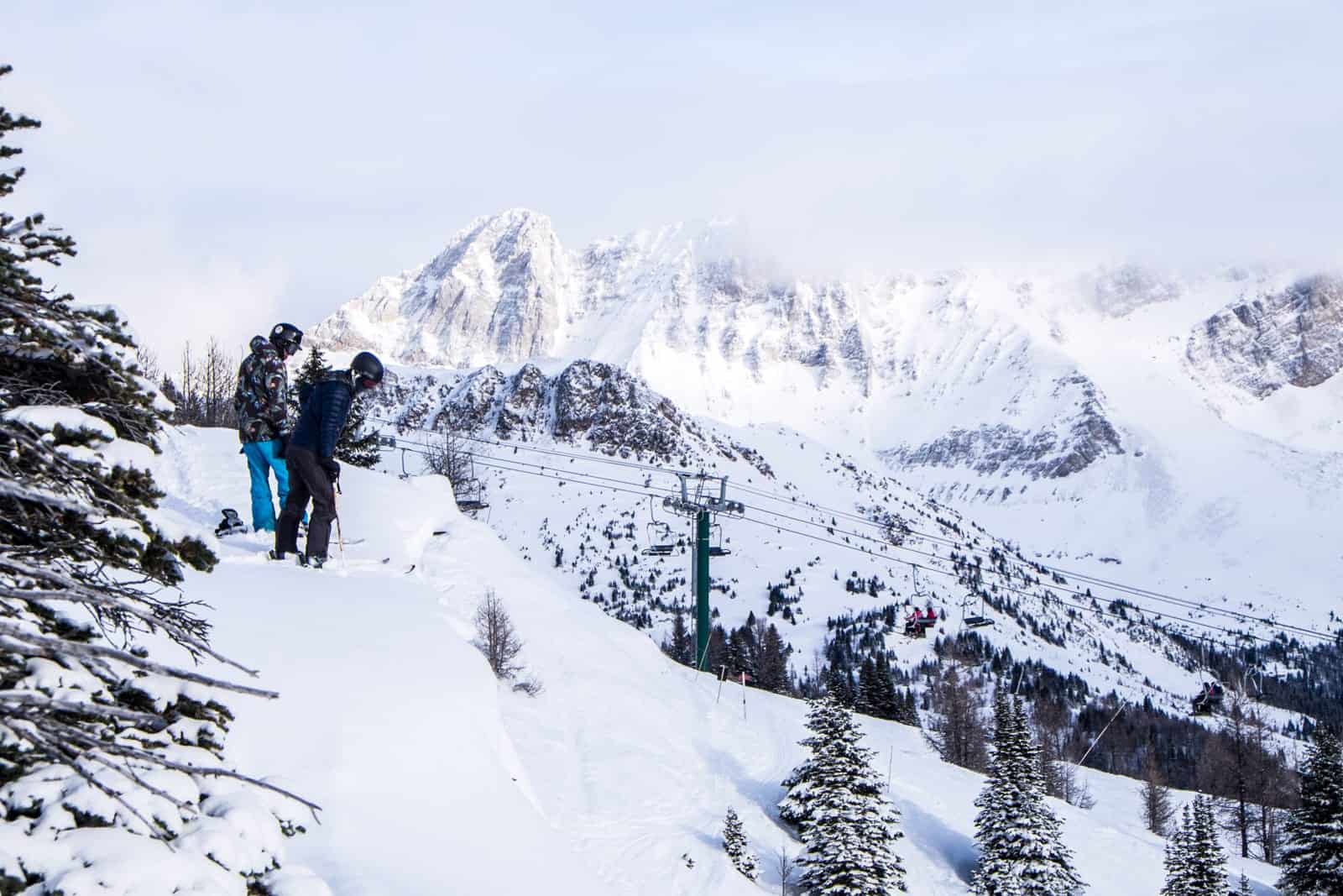 Snowboarders in Lake Louise, Banff Rocky Mountains, Canada