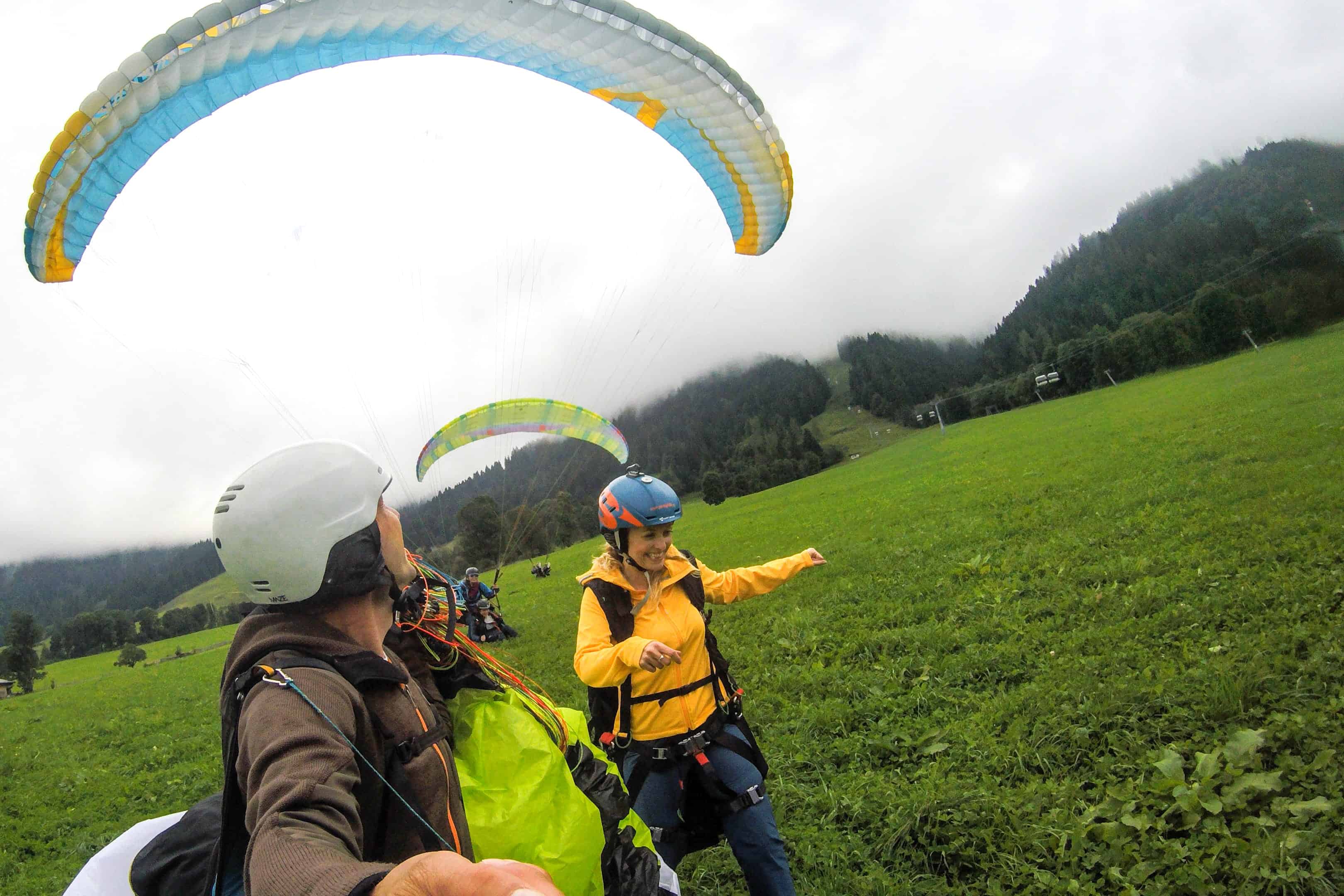 Landing after Paragliding in Wildschönau Valley, Tirol, Austria