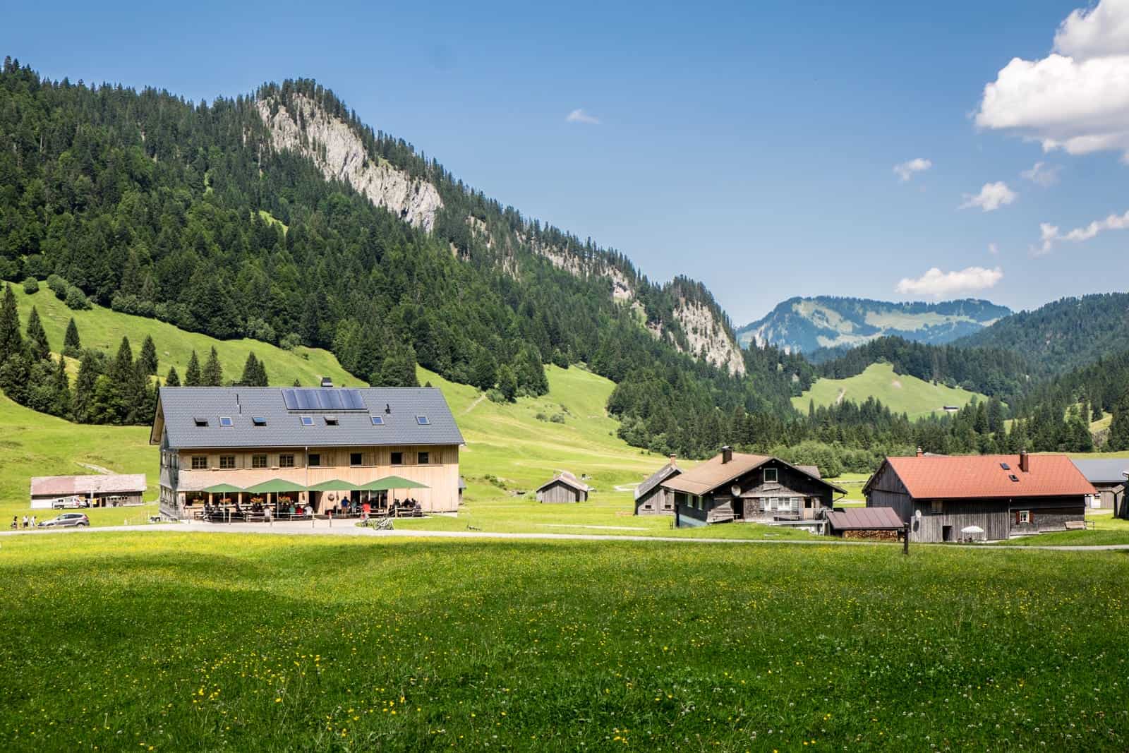 Farm houses on hiking route in Bregenzerwald, Vorarlberg, Austria