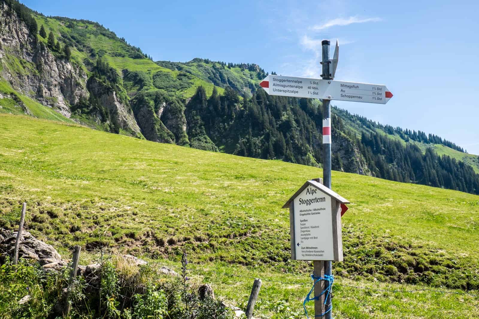 Sign post on Bregenzerwald hike in Vorarlberg, Austria