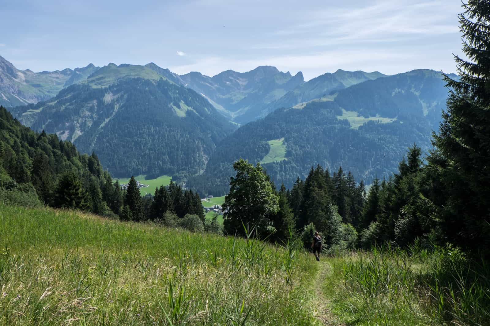 View of Bregenzerwald village when hiking in Vorarlberg, Austria