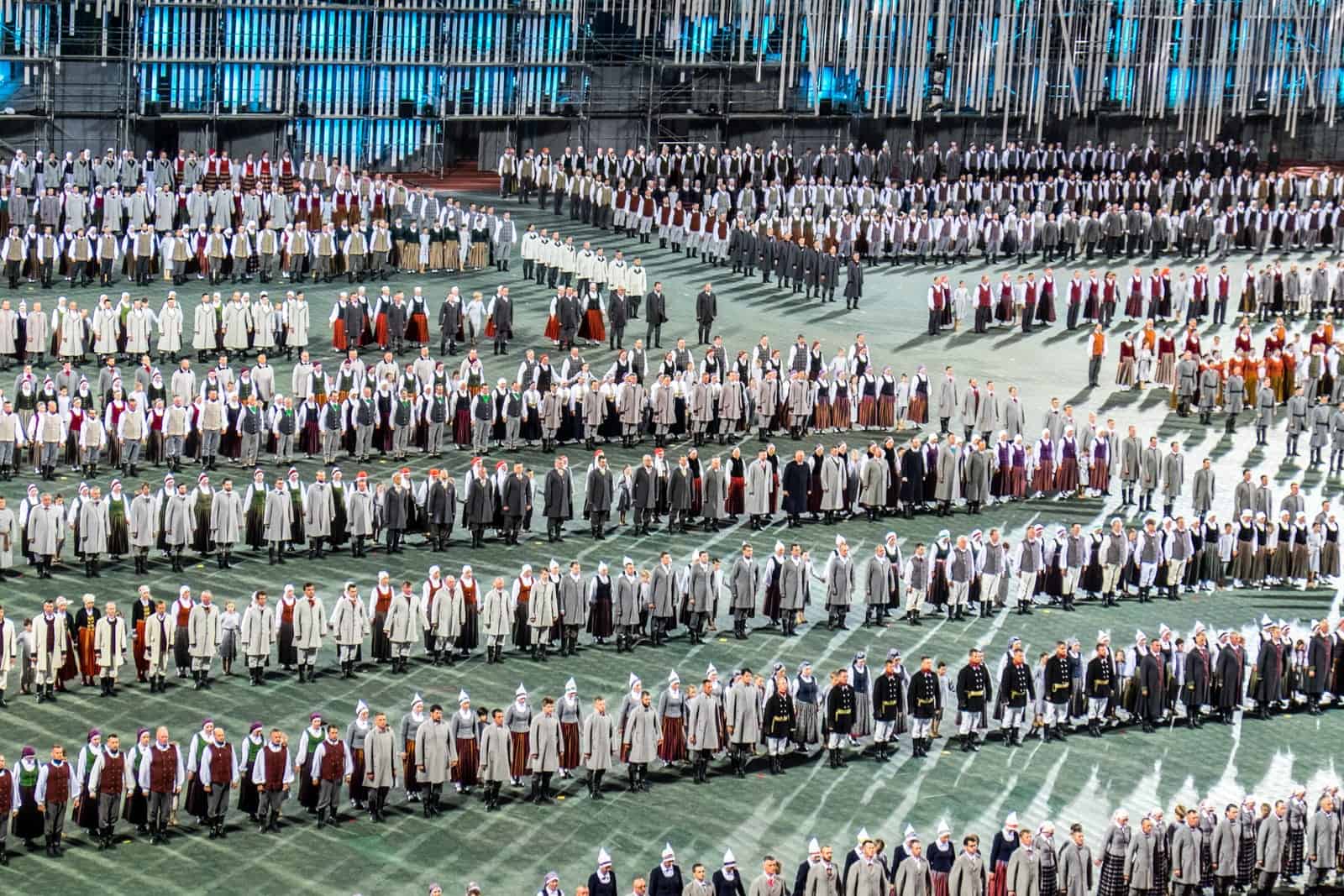 Performers at the Latvia Song Dance Festival opening stadium Great Dance show in Riga