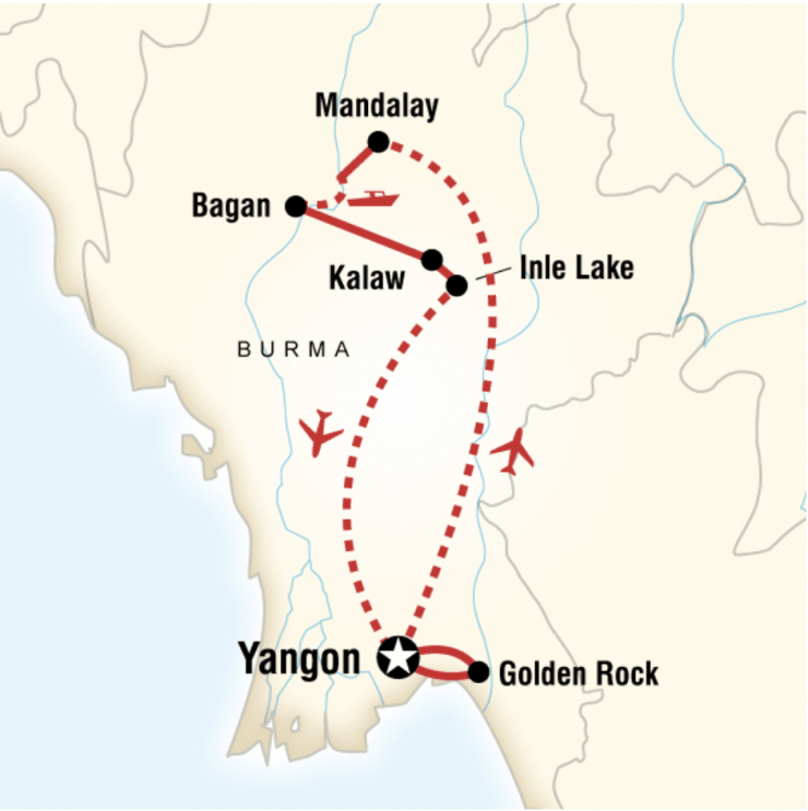 travel guide myanmar A map of Myanmar with red lines detailing the journey between six destinations on a Myanmar Tour