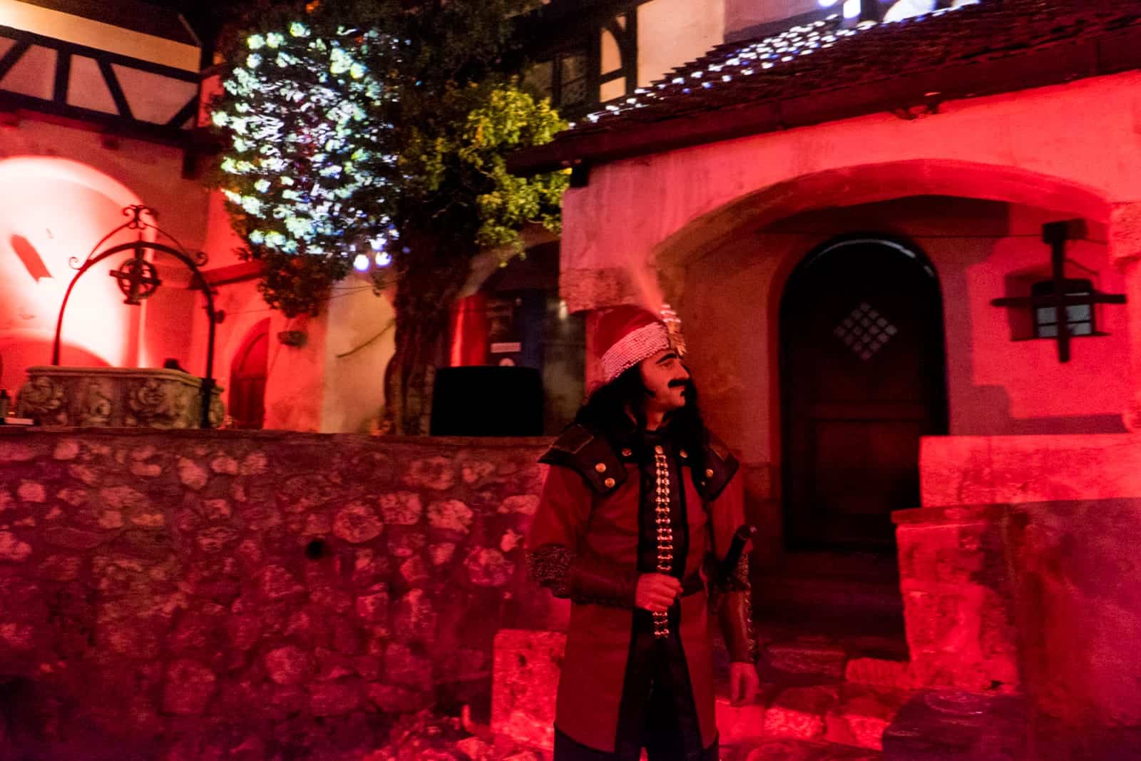 A man dressed as Vlad the Impaler at a Halloween party in Bran Castle, Transylvania, Romania