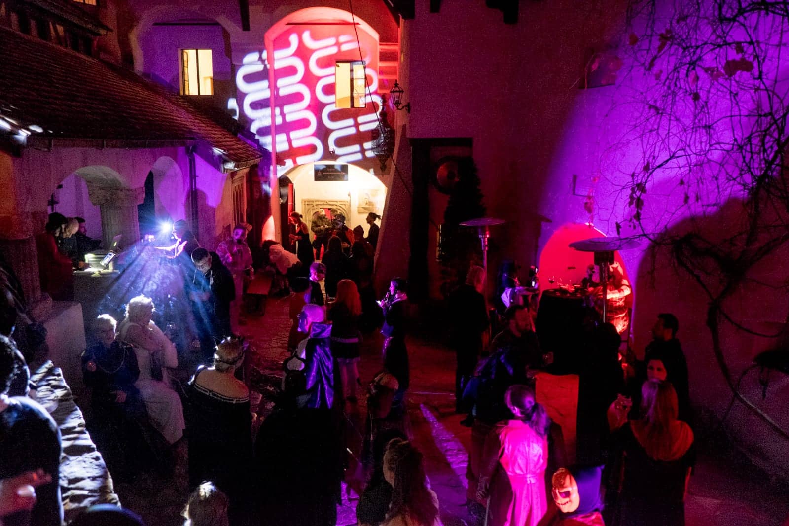 The pink lights and costumed partygoers at a Halloween party in Bran Castle, Transylvania, Romania
